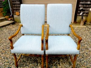 Two arm chairs as part of a set of ten chairs | Upholstered in Sunbrella Tailored Opal from the Sunbrella Fusion Collection | Upholstered by Cape Cod Upholstery Shop | Located in South Dennis, MA 02660