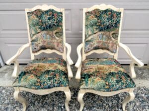 Dining room arm chair with an off white distressed painted frame | Upholstered in a CP & J Baker Ramayana printed velvet | Upholstered by Cape Cod Upholstery Shop | Located in South Dennis, MA 02660