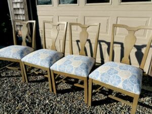 Dining room chairs upholstered in a Revolution Fabrics Sand Dollar Sky | Upholstered by Cape Cod Upholstery Shop | Located in South Dennis, MA 02660
