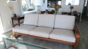 Teak sofa frame with 6 loose cushions. All new high density foam seat cushions supported by Pirelli rubber webbing | Upholstered by Cape Cod Upholstery Shop | Located in South Dennis, MA 02660