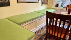 Dinette Cushions (photo2). Fabricated in a vibrant green JF Fabrics Bradshaw pattern | Cushions fabricated by Cape Cod Upholstery Shop | Located in South Dennis, MA 02660