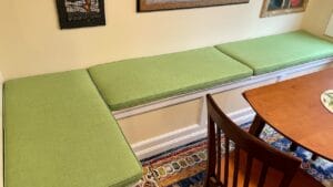 Dinette cushions (photo 4). Fabricated in a vibrant green JF Fabrics Bradshaw pattern | Cushions fabricated by Cape Cod Upholstery Shop | Located in South Dennis, MA 02660