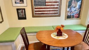 Dinette cushions (photo 3). Fabricated in a vibrant green JF Fabrics Bradshaw pattern | Cushions fabricated by Cape Cod Upholstery Shop | Located in South Dennis, MA 02660