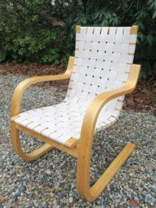 Aalto lounge chair affectionately called the "Pension Chair" by Finland design visionary Alvar Aalto | Solid Birch frame | New wool/cotton Artek natural/white webbing | Birch frame refinished by Wesley Woodworking in Orleans, Ma | Webbing installed by Cape Cod Upholstery Shop | Located in South Dennis, MA 02660