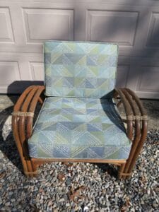 Rattan chair with loose boxed style cushions. Cushions fabricated using United Fabrics Bella-Dura Fabrics. Cushions fabricated by Cape Cod Upholstery Shop | Located in South Dennis, MA 02660