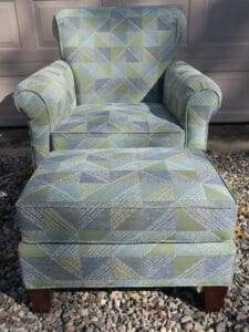 Upholstered chair with matching ottoman. Chair & ottoman upholstered using United Fabrics Bella-Dura Fabrics. Upholstered by Cape Cod Upholstery Shop | Located in South Dennis, MA 02660