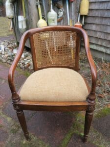 Sheraton Style Cane Back Chair with a removable upholstered seat. Seat upholstered in a Greenhouse Fabrics wool style Crypton fabric. Upholstered by Cape Cod Upholstery Shop | Located in South Dennis, MA 02660