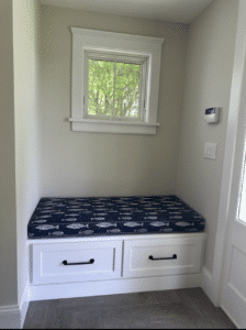 Mudroom bench cushion. Customer supplied indoor-outdoor fabric. New 4" 2.6 high density foam. Cushions fabricated by Cape Cod Upholstery Shop | Located in South Dennis, MA 02660