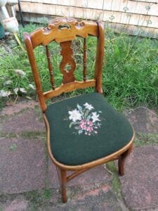 Hand made Needlepoint Seat on an antique side chair. Chair to be used with a makeup table. Upholstered by Cape Cod Upholstery Shop | Located in South Dennis, MA 02660