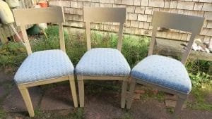 Custom made dining room chairs upholstered in a Brunschwig & Fils fabric. Upholstered by Cape Cod Upholstery Shop | Located in South Dennis, MA 02660