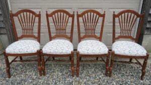 Set of 4 Ethan Allen Dining Chairs with removable upholstered seats. Upholstered in a modern diamond print indoor-outdoor fabric. Upholstered by Cape Cod Upholstery Shop | Located in South Dennis, MA 02660