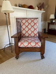 Antique Morris Chair with a solid Oak frame and loose seat and back Cushions. All new seat and back CertiPur-US foam inserts. Cushions upholstered using a Kate Scarlet Floral fabric. Cushions fabricated by Cape Cod Upholstery Shop | Located in South Dennis, MA 02660