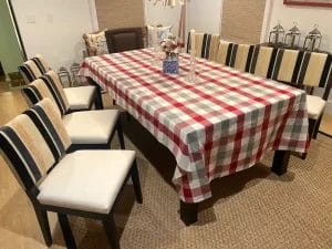 Upholstered dining room chairs with cloth backs and United Fabrics Yosemite vinyl seats. Upholstered by Cape Cod Upholstery Shop | Located in South Dennis, MA 02660