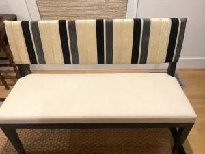 Upholstered dining room bench seat with cloth back and United Fabrics Yosemite vinyl seats. Upholstered by Cape Cod Upholstery Shop | Located in South Dennis, MA 02660