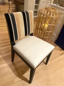 Upholstered dining room chair with cloth back and United Fabrics Yosemite vinyl seat. Upholstered by Cape Cod Upholstery Shop | Located in South Dennis, MA 02660