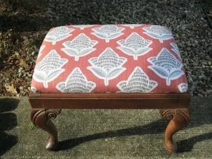 Antique Queen Anne style foot stool. All new CertiPur-US foam. Upholstered using a Kate Scarlet Floral fabric. Upholstered by Cape Cod Upholstery Shop | Located in South Dennis, MA 02660