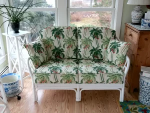 Braxton Culler Rattan Love Seat - Cushions fabricated by Cape Cod Upholstery Shop | South Dennis, MA