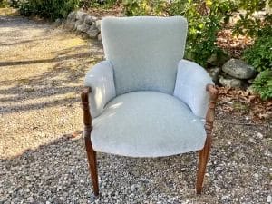 Sheraton Chair - Side view of a small Sheraton style chair. Upholstered in a Mohair fabric on the insides and check fabric on the outsides. Upholstered by Cape Cod Upholstery Shop - Located in South Dennis, MA