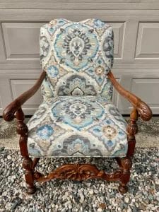 French Arm Chair. Upholstered by Cape Cod Upholstery Shop - Located in South Dennis, MA