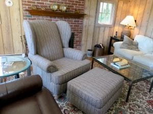 Wing chair and ottoman. Upholstered by Cape Cod Upholstery Shop - Located in South Dennis, MA