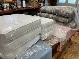 Cushions ready for delivery. Cushions fabricated by Cape Cod Upholstery Shop - Located in South Dennis, MA