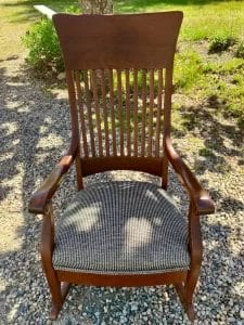 Oak Rocking Chair Seat. Upholstered by Cape Cod Upholstery Shop - Located in South Dennis, MA