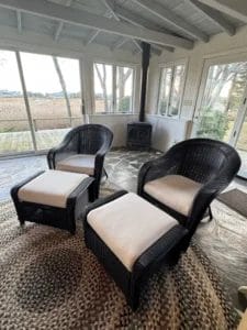 Wicker chairs and ottoman. Cushions fabricated by Cape Cod Upholstery Shop - Located in South Dennis, MA 02660