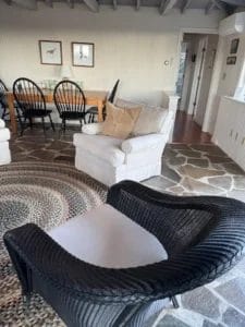 Wicker chairs and ottoman. Cushions fabricated by Cape Cod Upholstery Shop - Located in South Dennis, MA 02660