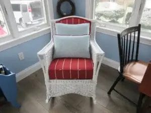 Wicker Rocker. Cushions fabricated by Cape Cod Upholstery Shop - Located in South Dennis, MA 02660