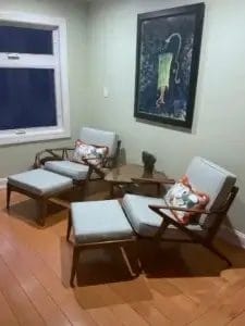 Mid Century Modern Z Chairs with matching ottomans. Upholstered by Cape Cod Upholstery Shop - Located in South Dennis, MA 02660