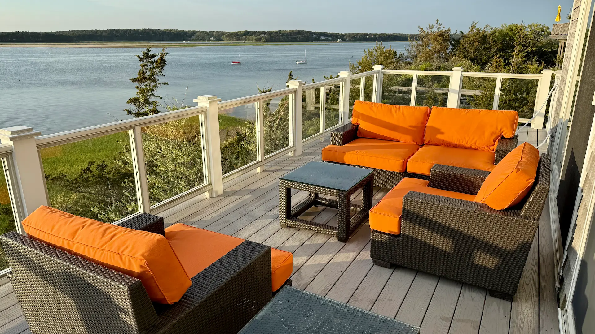 Cape Cod Sunbrella deck chairs & loveseat cushions. Cushions fabricated by Joe Gramm of Cape Cod Upholstery Shop | South Dennis, MA 02660